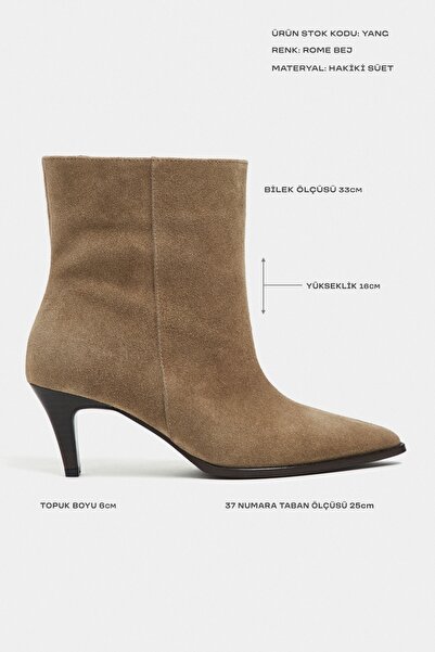 NİŞANTAŞI SHOES Yang Rome Bej Hakiki Süet Sivri Burun Koni Topuk Kadın Bilek Bot