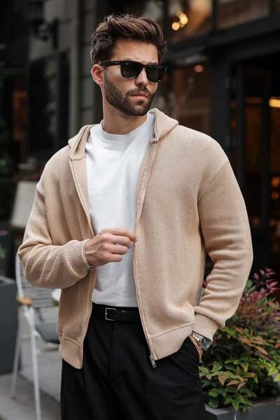 Madmext Beige Hooded Zippered Men's Knitwear Cardigan E7208