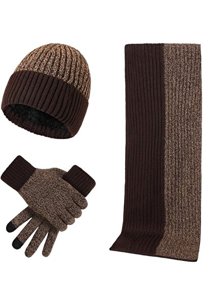 Generic Winter Knit Hat Scarf Gloves Set, Brown Two-Tone, Fleece Lined, 3 Pie...