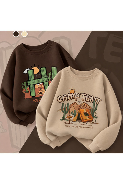 Kids Winter Boys' Oversize Camp Tent Cacti Printed Soft Textured Sweatshirt -...