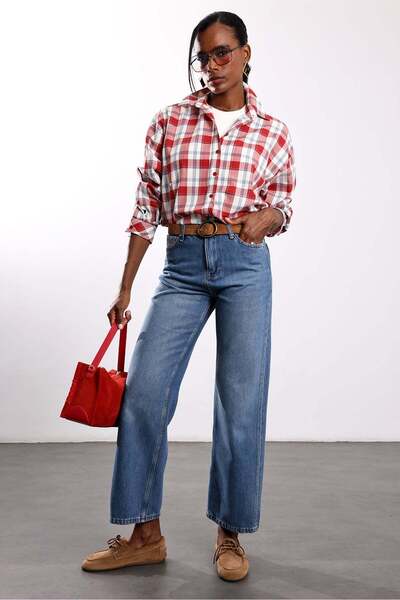 5in1Canpolat Blue Longline Straight Cut Jeans
