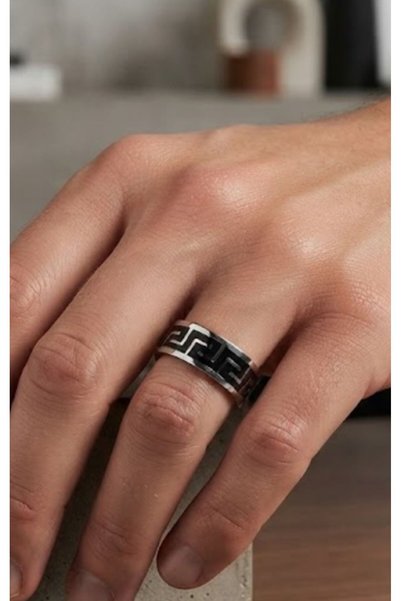 HOŞGÖR ACCESSORIES Men's Black Steel Ring