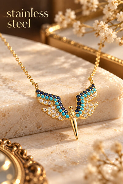 stainless steell 316L Gold Color Blue Zircon Stone Angel Model Steel Necklace