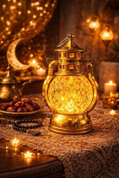 GENERAL فانوس ذهبي مزخرف بإضاءة LED مقاس 12 سم - ديكور منزلي إسلامي أنيق للاح...