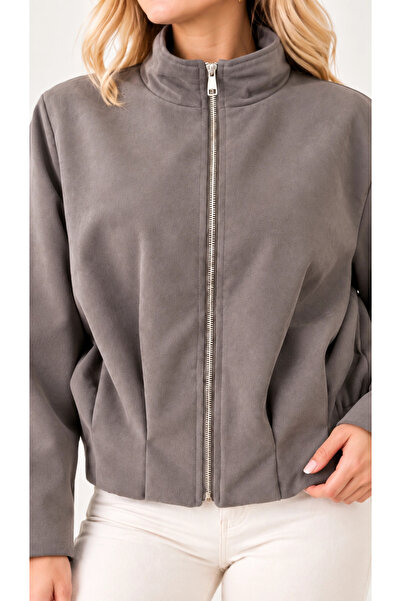MetuCA Women's Smoky Lilac Stand Collar Zippered Suede Bomber Jacket with Ela...