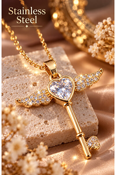 stainless steell 316L Gold Color Heart Key Model Steel Necklace