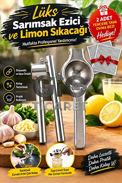 Lüks Sarımsak Ezici ve Limon Sıkacağı 2'si 1 Arada Mutfak Seti - 2 Adet Tencere Tava Ovma Bezi Hediyeli