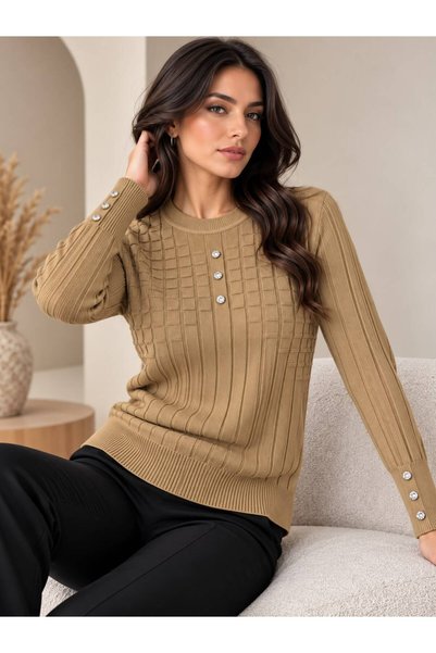 LALİN MODA Kadın Bisiklet Yaka Taş Düğme Detaylı Desenli Triko Kazak