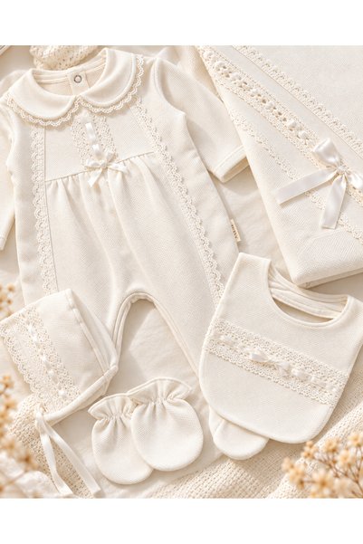 Arinpexa 5-Piece Lace-Detail Newborn Baby Girl Hospital Release Set / 5-Piece 100% Cotton Premium Baby Girl Jumpsuit Set