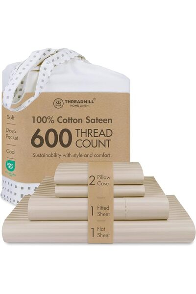 Threadmills طقم ملاءات سرير فاخر من القطن بـ 4 قطع، 500 خيط، مقاس كينج، بنمط ...
