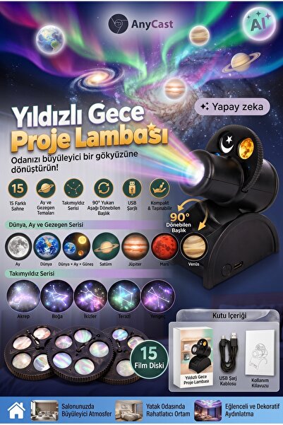 Anycast Yıldızlı Gece Proje Lambası 15 Sahne HD LED Yıldız Projektör USB Şarj...
