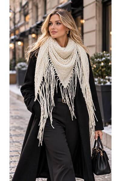 HAZAL KAYA ATELIER Ecru Tassel Fringed Triangle Women's Shawl