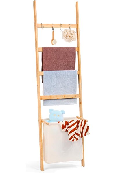 GENERAL Bamboo Towel Ladder with Laundry Basket & 4 Hooks - Freestanding Towe...