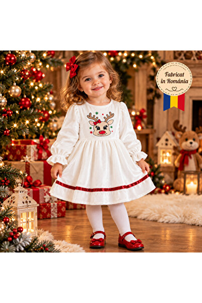 OEM Rochiță Crăciun Fetițe din Catifea Albă Pufoasă, Broderie Ren Crăciun, Mâ...