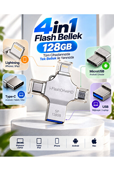 Global 4in1 128GB USB Flash Bellek Lightning Type-C USB-A MicroUSB Girişli Çok Amaçlı Bellek