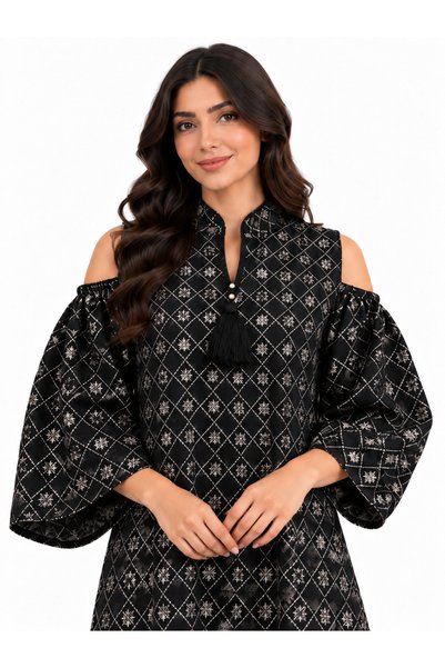 White colour Luxury Diamond Patterned High-Collar Women's Robe with Flared Sl...