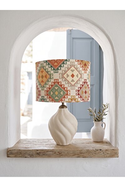 Etnik Kilim Desenli Keten Şapkalı Dokulu Seramik Abajur
