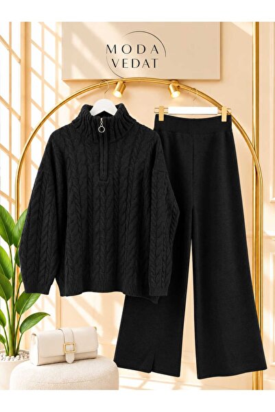 MODA VEDAT Women's Knitted Patterned Zippered Knitwear Set -0500