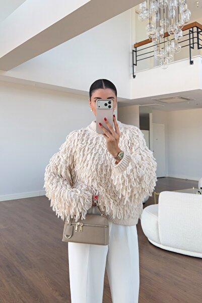 HAZELANNA Ecru Ring Fringed Knitwear Sweater
