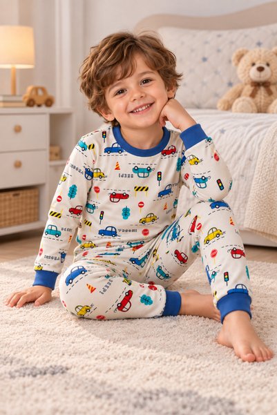 JANJAN Erkek Çocuk Araba Desenli %100 Pamuklu Pijama Takımı - Uzun Kollu
