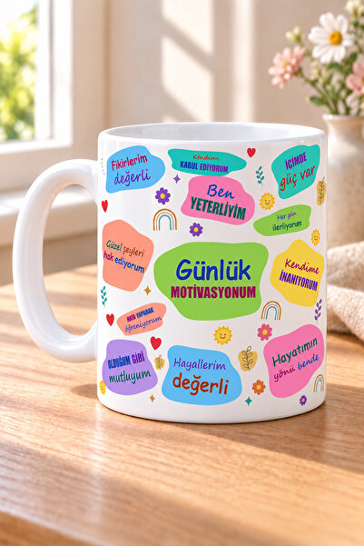 Mor Mürekkep Günlük Motivasyonum Baskılı Beyaz Kupa