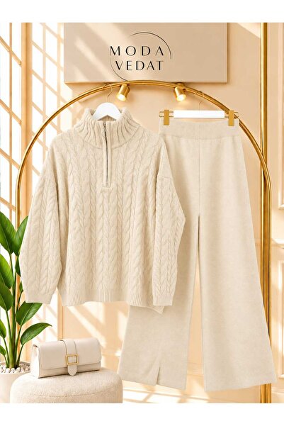 MODA VEDAT Women's Knitted Patterned Zippered Knitwear Set -0500
