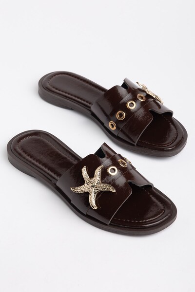 Dilimler Ayakkabı Women's Flat Heeled Slippers with Brown Star Accessories an...