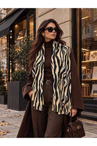 tarzınısec Tarzını Seç Siyah Bej Zebra Desenli Püsküllü Yumoş Polar Kışlık Şa...