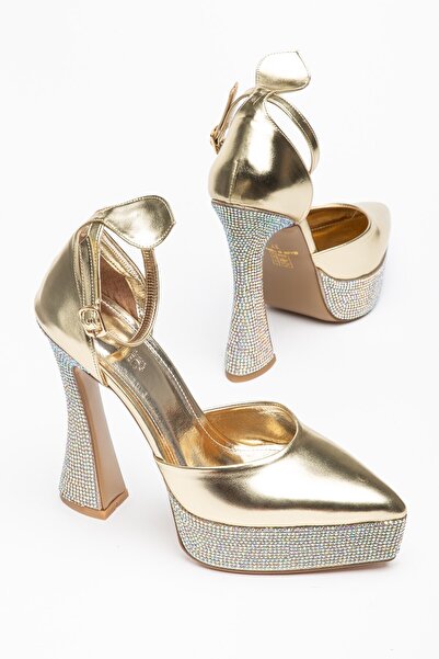 Dilimler Ayakkabı Gold Women's Platform Heeled Evening Dress Shoes with Point...