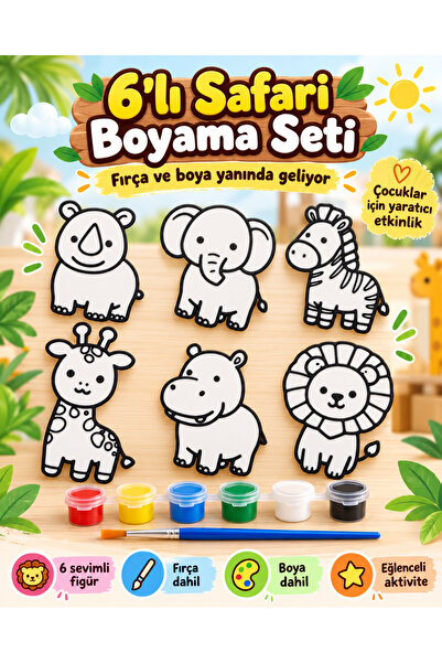 6’lı Safari Hayvanları Boyama Seti – Çocuklar İçin Figür Boyama Etkinliği, Fırça ve Boya Dahil