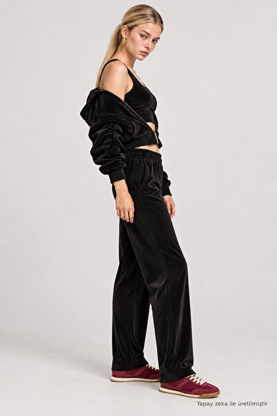 Lovelyİstanbul 3-Piece Velvet Textured Knitted Top and Bottom Set Lby0106 Black