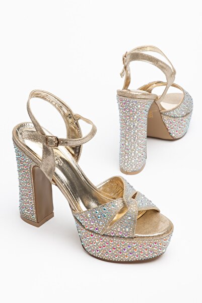 Dilimler Ayakkabı Gold Stone Women's Platform Heeled Evening Dress Shoes with...