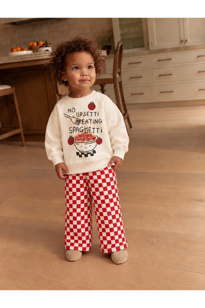 Mono Kids Spagetti Baskılı Ekru Sweatshirt ve Kırmızı Damalı Pantolon Çocuk E...