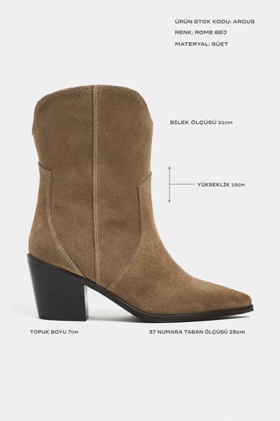 NİŞANTAŞI SHOES Argus Rome Bej Hakiki Süet Deri Sivri Burun Kalın Topuk Kadın Kovboy Bot