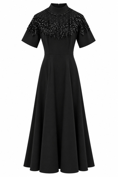 HAZELANNA Sequin Detailed High Neck Black Dress