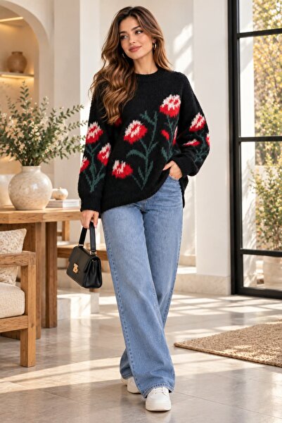 aymiraa Women's Floral Patterned Shawl Collar Knitwear Sweater