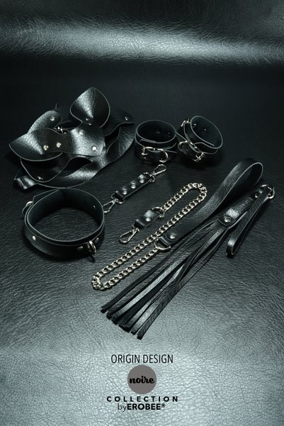 Erobee Üst Sınıf Texture Vegan Deri Nikel Aksesuarlı Kedi Maskeli Fantezi Aksesuar Seti 4 Ürün Midi Bondage Set - Origin Design Noire