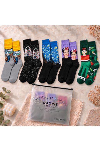 Loopie Socks 5'li Sanatsal Desenli Çorap Seti - İsme Özel Şerit - Hediye Çanta