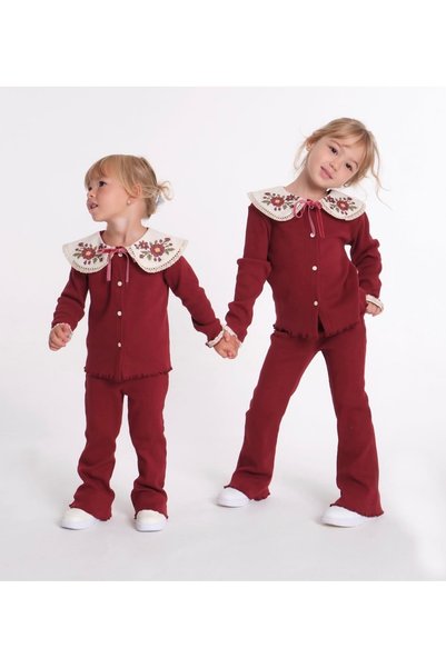 kokosh _ kidss burcu sapmaz Girl's Long-Sleeved Top and Bottom Set with Embroidered Collar