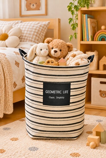 LİGROUND Katlanabilir Kanvas Kumaş Çamaşır Sepeti 35x35x45 cm Oyuncak ve Kirl...