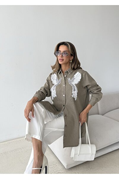 MİA NOURA Women's Front Beaded Embroidered Denim Oversize Shirt