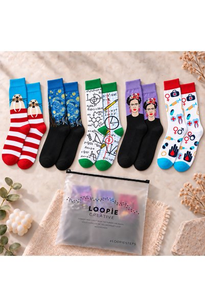 Loopie Socks 5'li Desenli Tasarım Çorap Seti - İsme Özel Şerit - Hediye Çanta