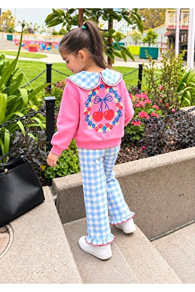 Bebe Yaka Baskılı Sweatshirt ve Gabardin Kareli Paça Detaylı Kız Çocuk Alt Üst Takım