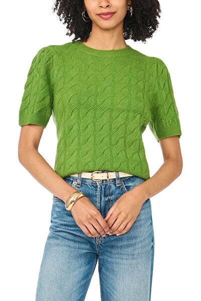 Vince Camuto womens Short Sleeve Cable Puff Sleeve Crew Neck Sweater Sweater