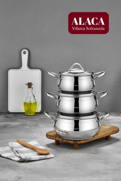 Alaca 3-Piece Deep Steel Pot Set, Large Size