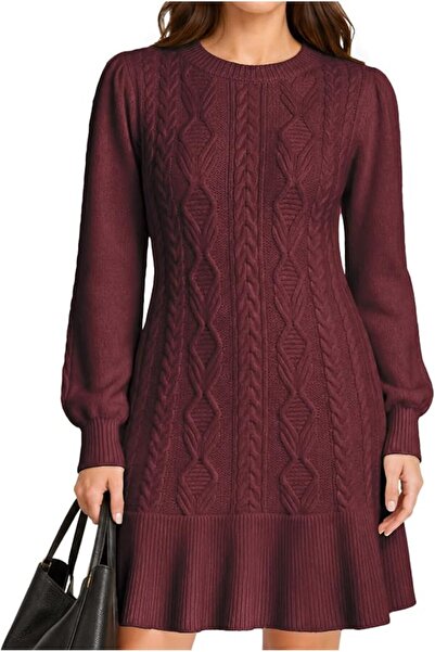 GENERAL VIMPUNEC Women Cable Knit Sweater Dress Puff Sleeve Mini Dress