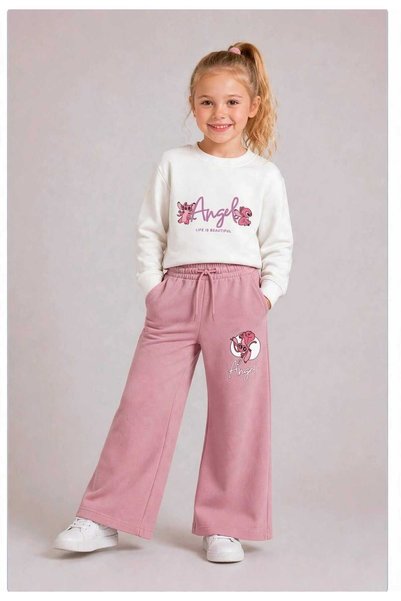 is kids wear Kız Çocuk Pembe Angel Baskılı Sırtı Yazılı İspanyol Paça Sweatsh...