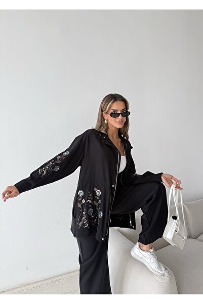 MİA NOURA Women's Front Sleeves with Bead Embroidery Tansel Fabric Bambir Cek...