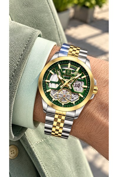 Reward Skeleton Case, Silver Yellow Color Steel Band, Green Dial, Men's Wrist...