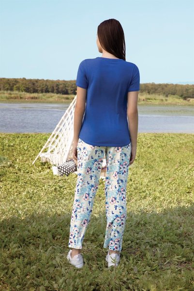 Doreanse طقم بيجامة نسائي بنمط زهور زرقاء مع تي شيرت 4253